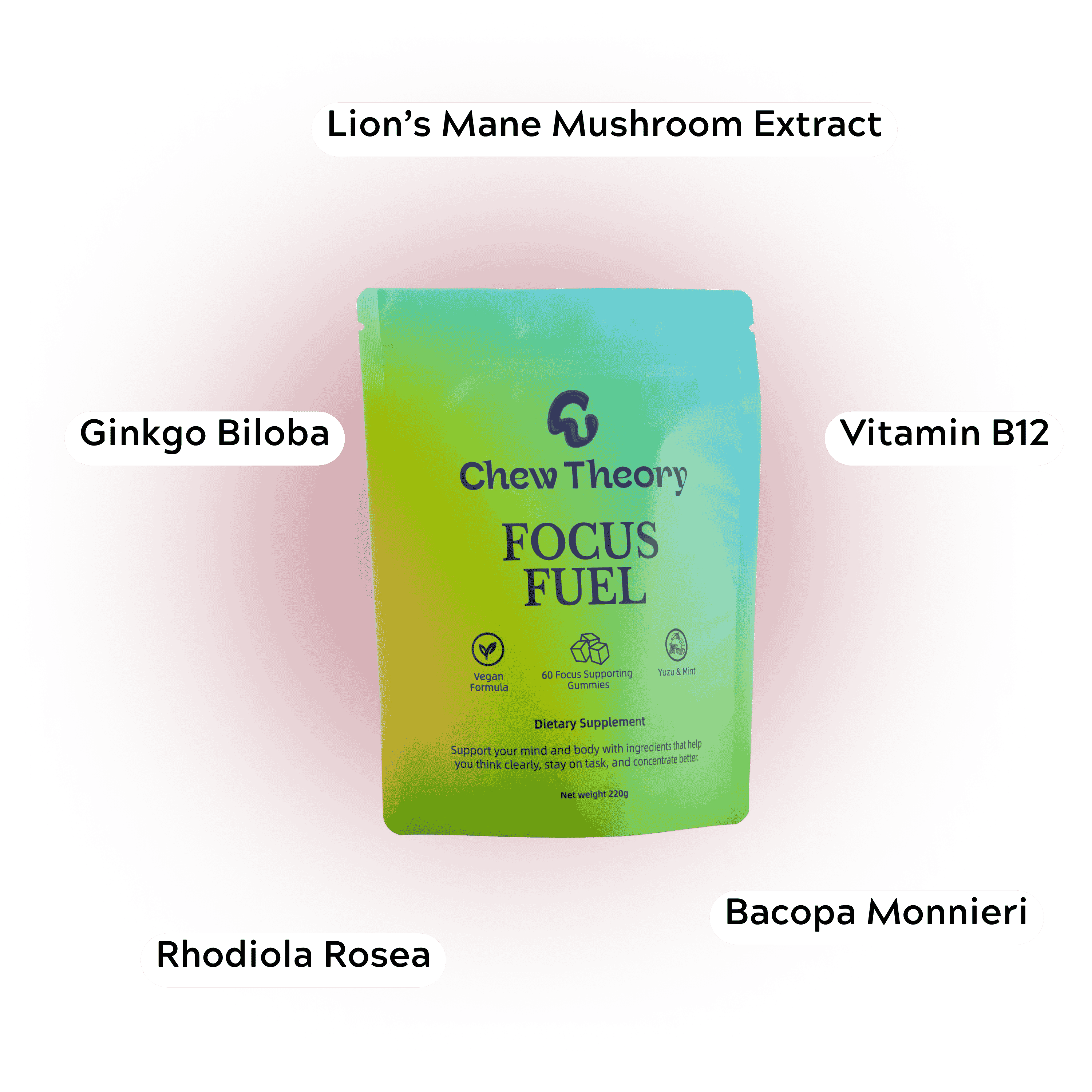 Chew Theory Focus Fuel supplement package with labeled ingredients