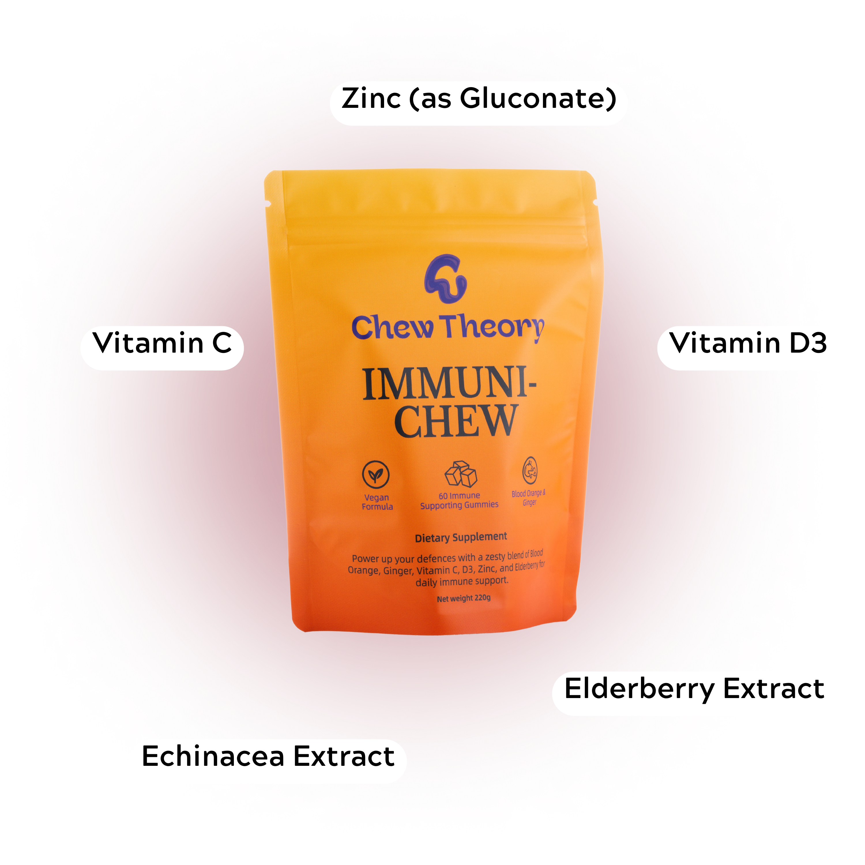 Orange supplement package labeled 'Chew Theory Immuni-Chew' with labeled ingredients