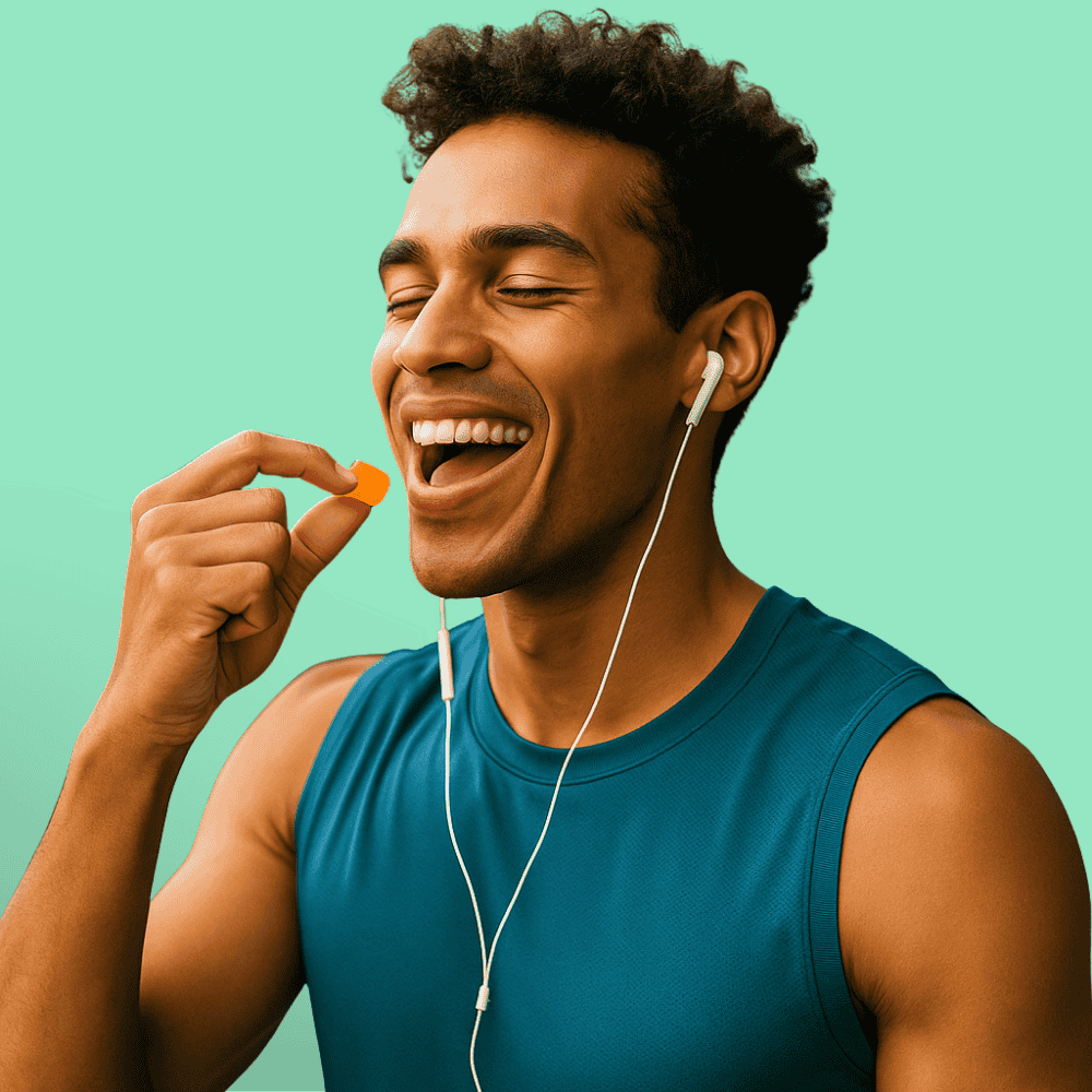 Man in teal tank top with earphones, eating an orange immuni chew gummy