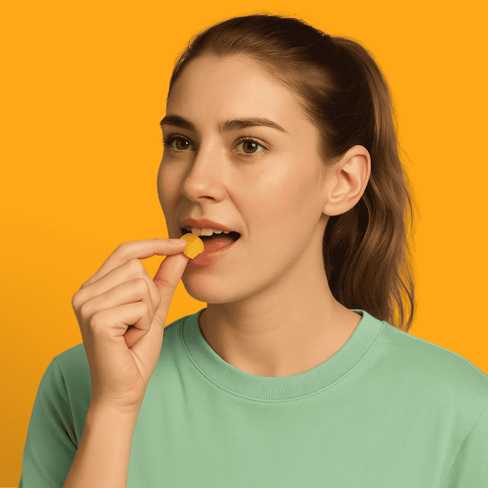 Woman eating a focus fuel gummy