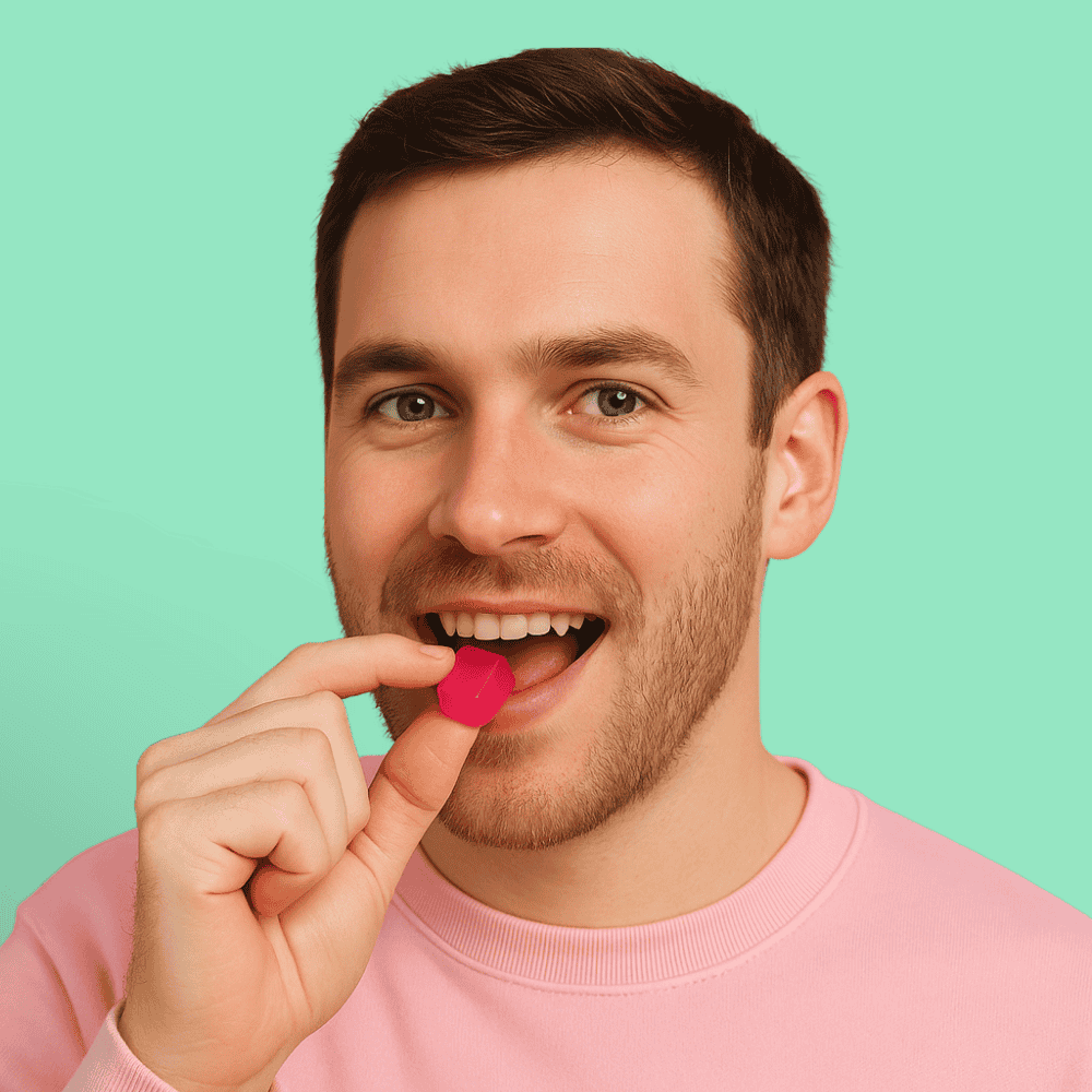 Man in pink shirt holding a mook boos gummy