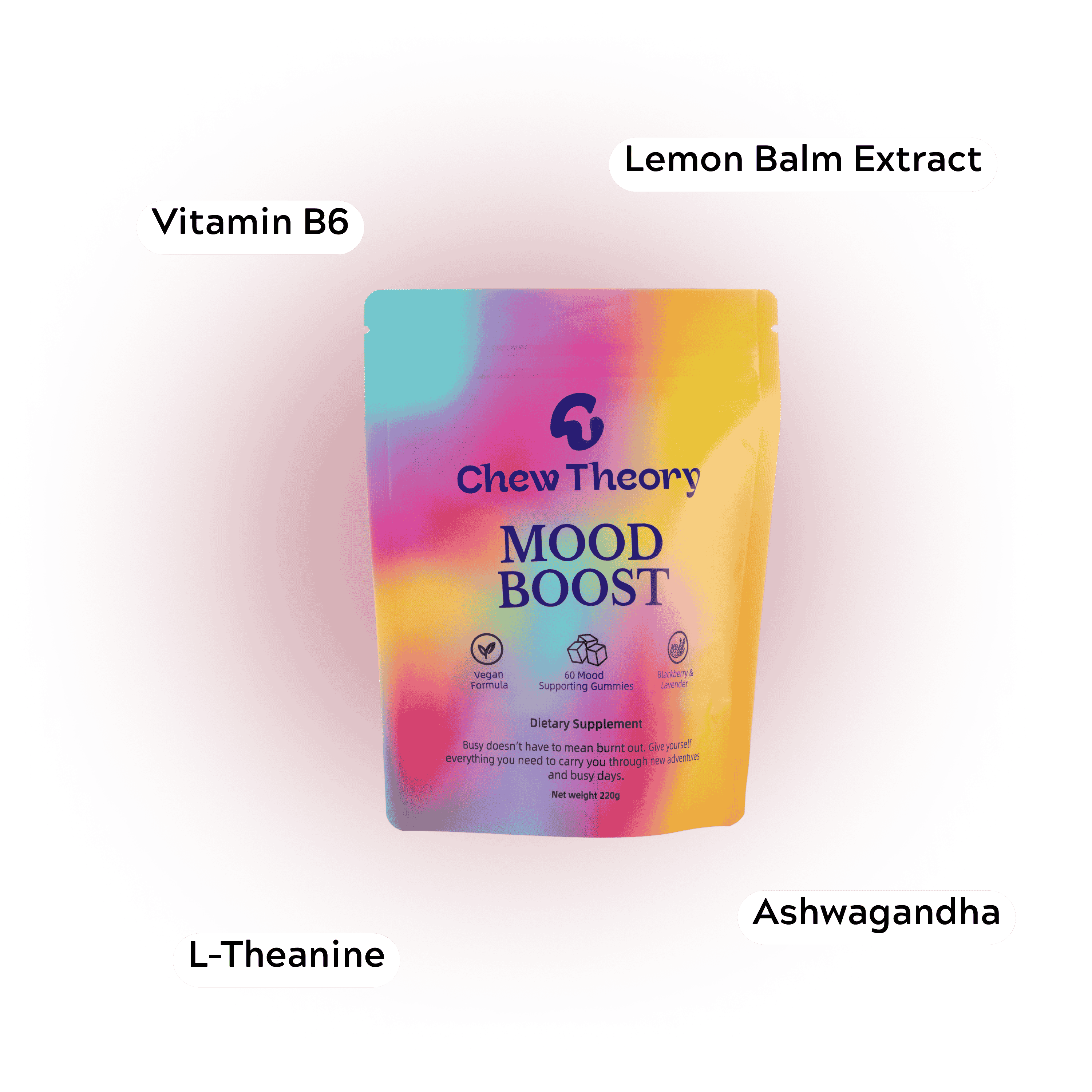 Chew Theory Mood Boost supplement package with labeled ingredients